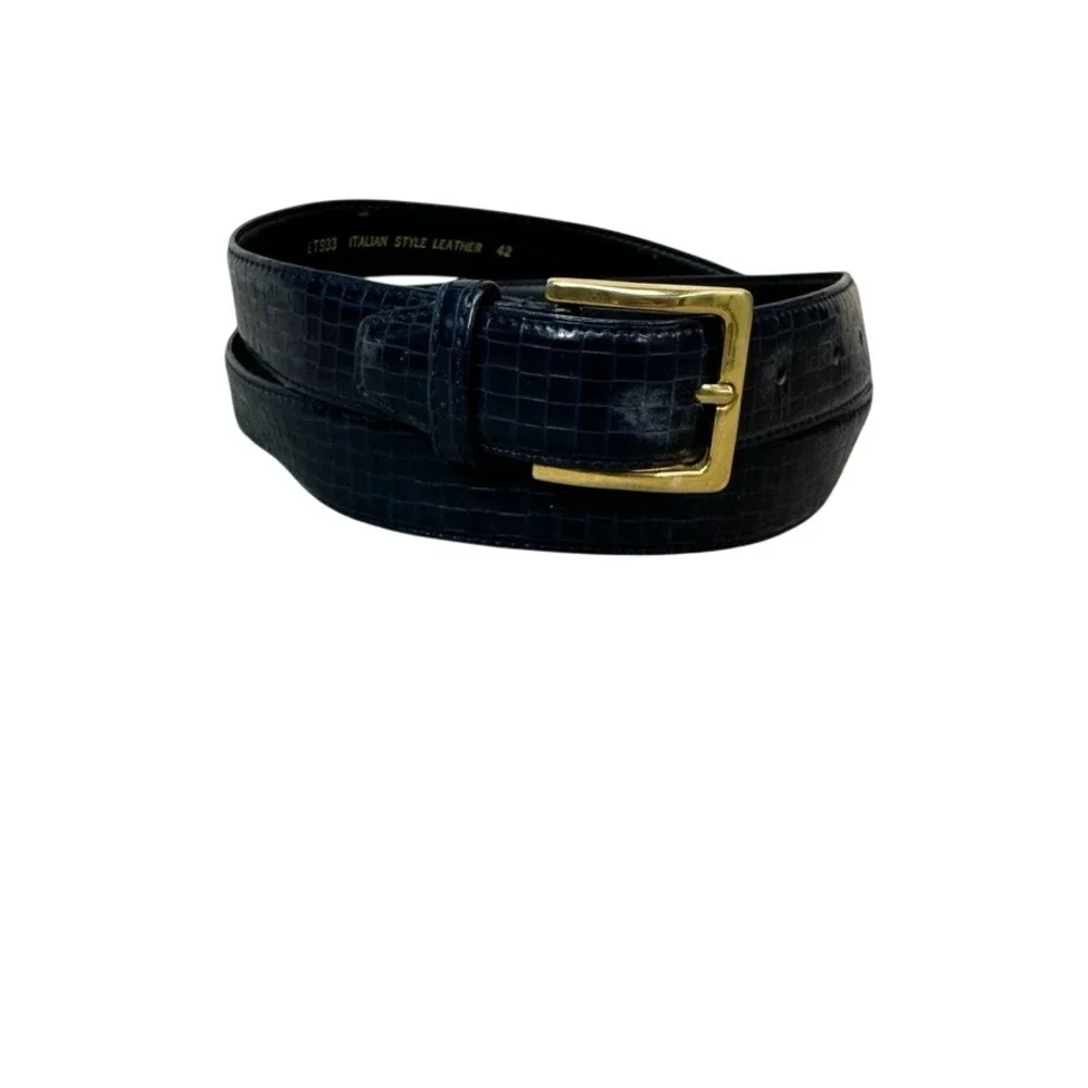 Mens Navy Blue Italian Style Leather Belt Embossed Croc Grid Gold Buckle ET9 42